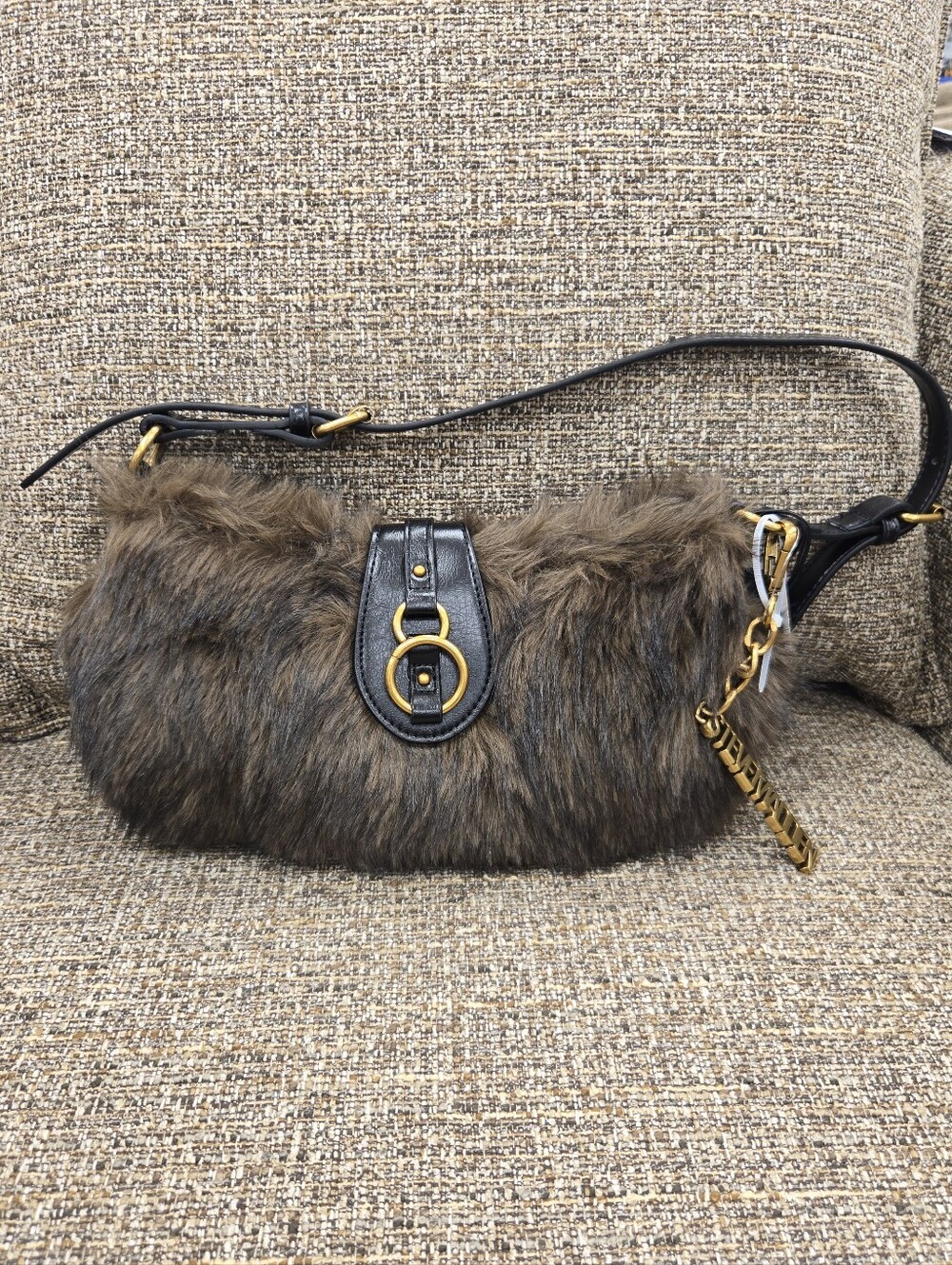 Steve Madden Brown Faux Fur Shoulder Bag with Gold Hardware